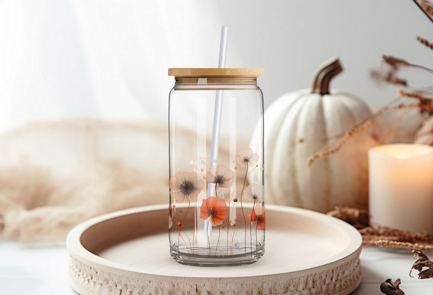 Fall Poppy Can Glass with Bamboo Lid