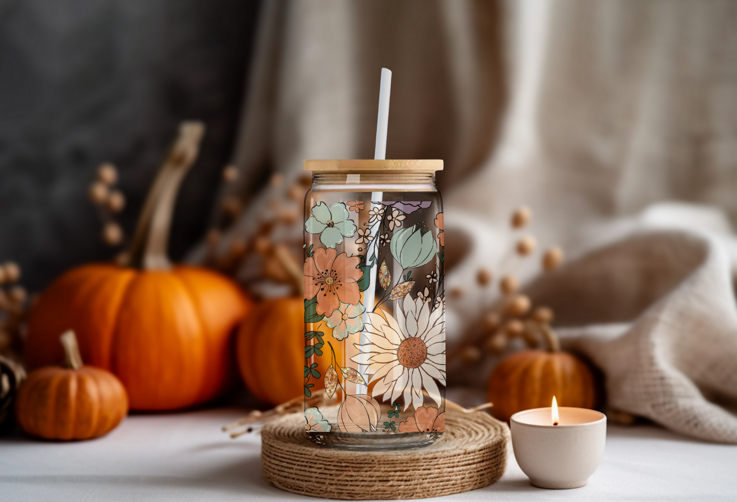 Fall Floral Can Glass with Bamboo Lid