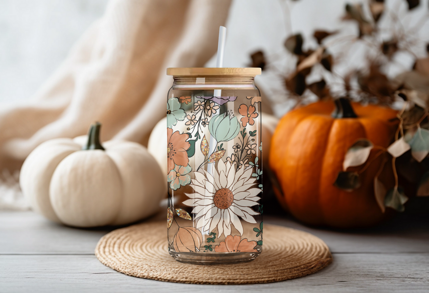 Fall Floral Can Glass with Bamboo Lid