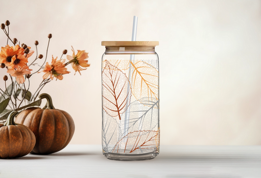 Fall Leaves Can Glass with Bamboo Lid