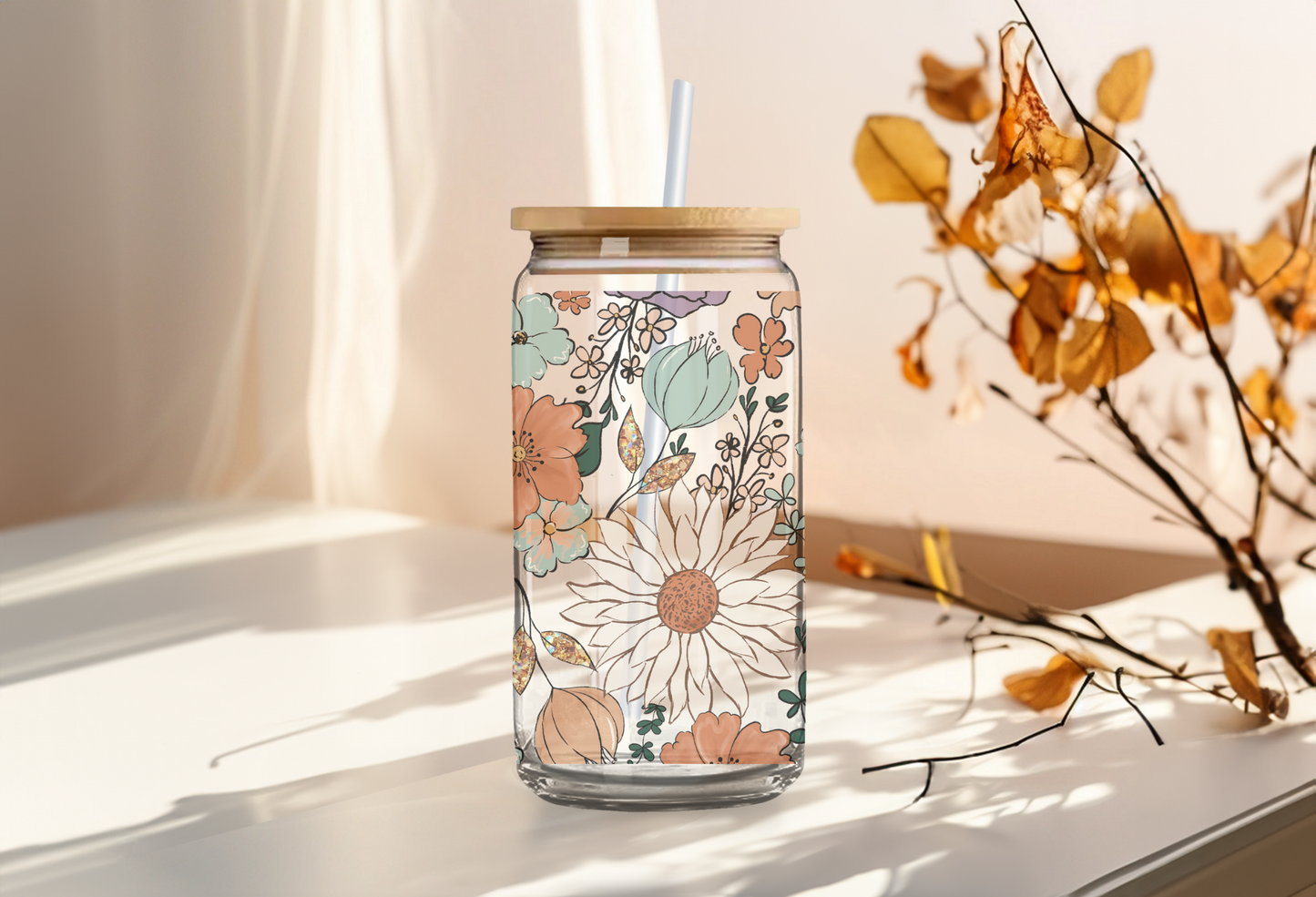 Fall Floral Can Glass with Bamboo Lid