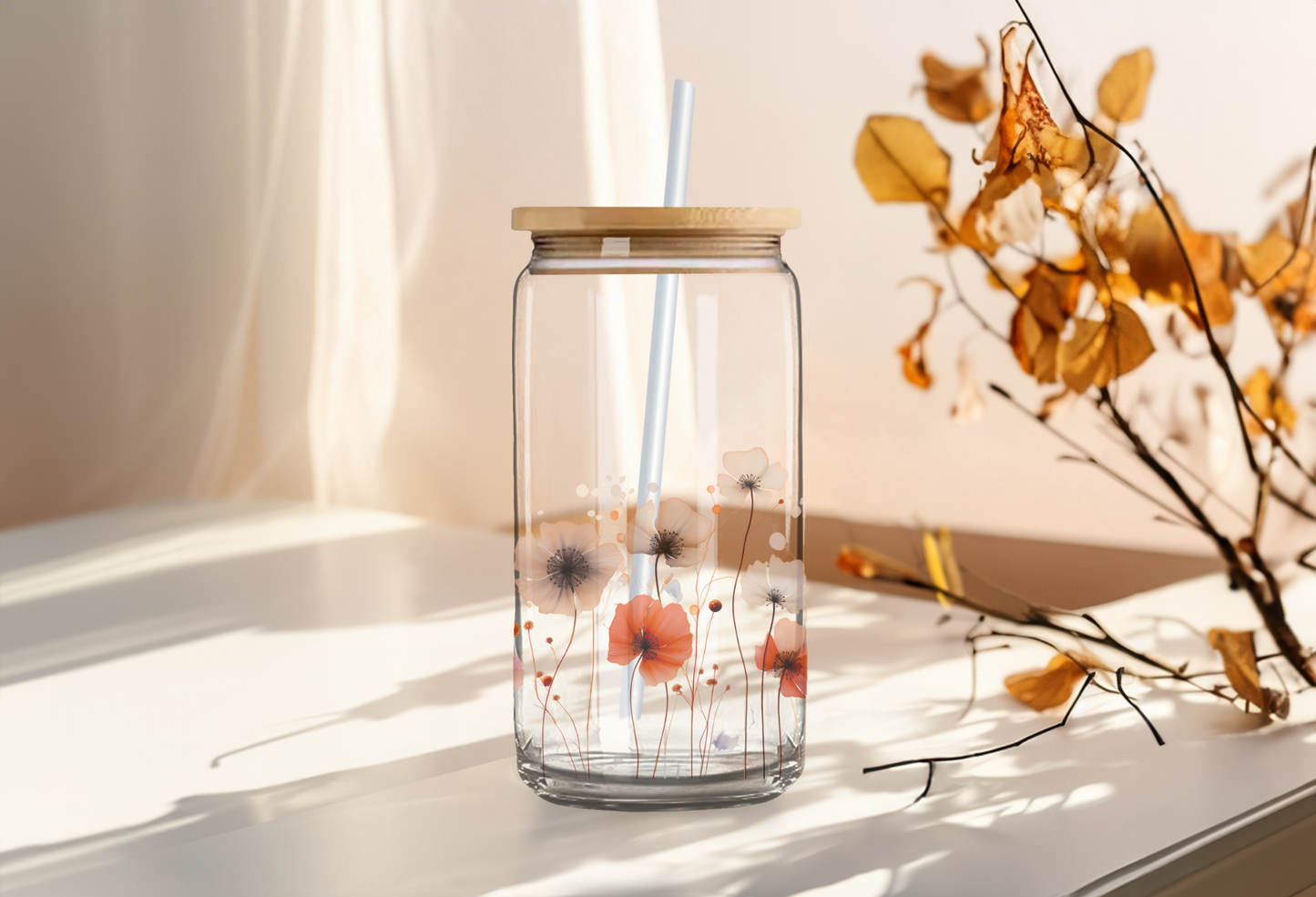 Fall Poppy Can Glass with Bamboo Lid