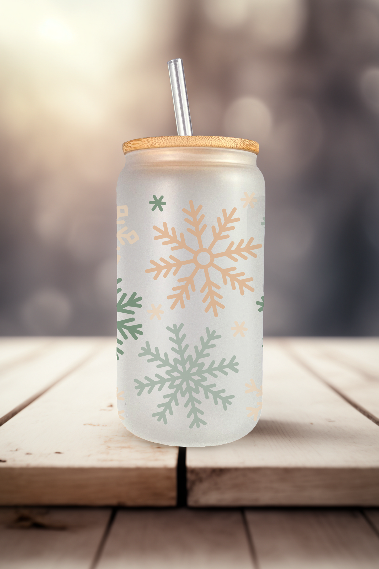 Snowflake Can Glass with Bamboo Lid