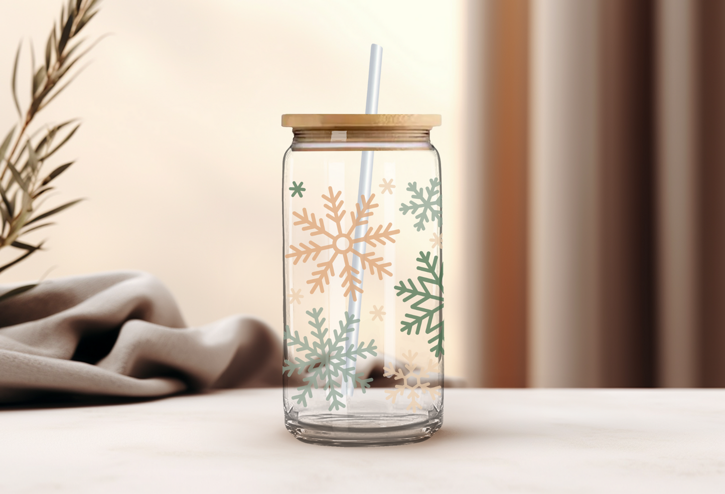 Snowflake Can Glass with Bamboo Lid