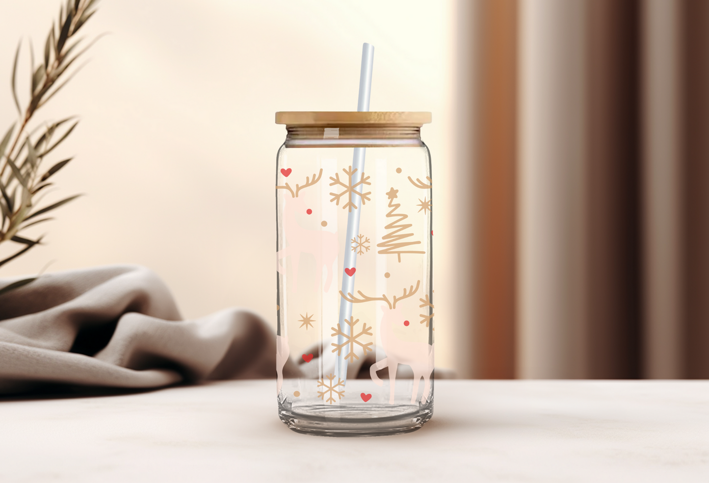 Reindeer Can Glass with Bamboo Lid