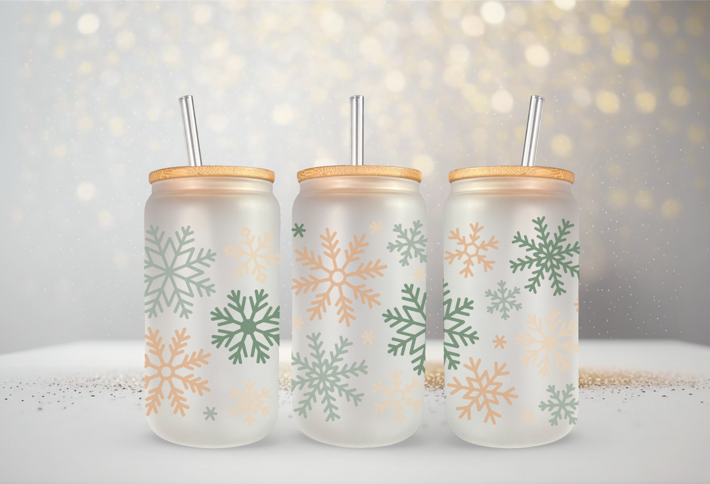 Snowflake Can Glass with Bamboo Lid