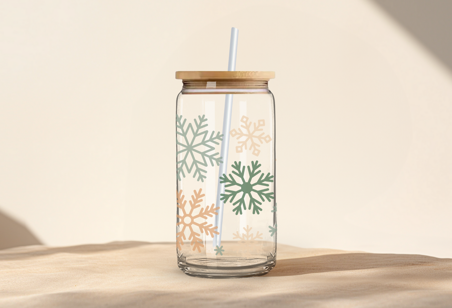 Snowflake Can Glass with Bamboo Lid