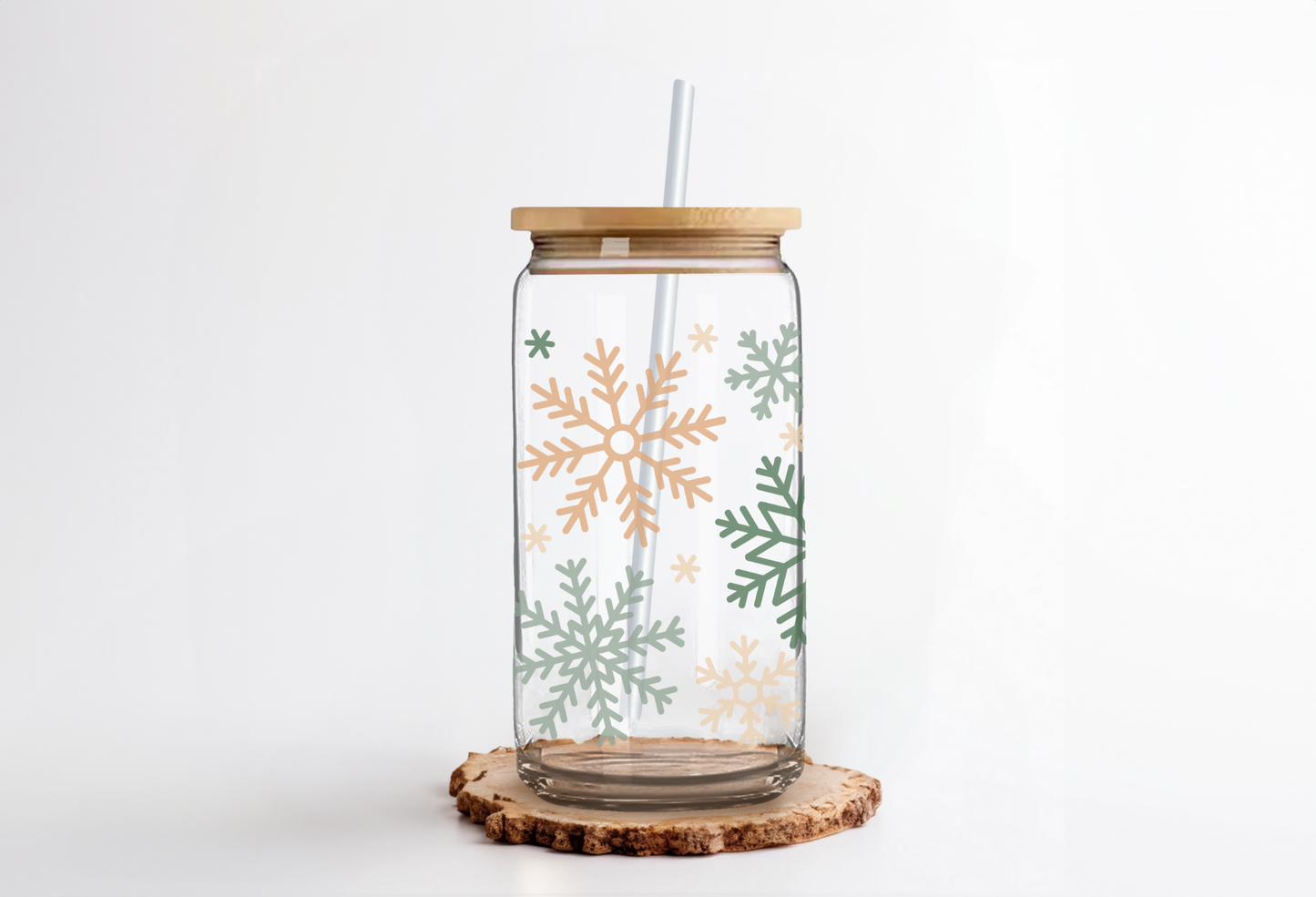 Snowflake Can Glass with Bamboo Lid